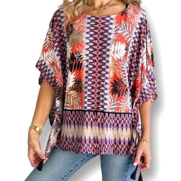 Ruby Rd M Linen Kaftan Top Multicolor Boho Tassel Hem Festival Summer Blouse - Picture 1 of 11